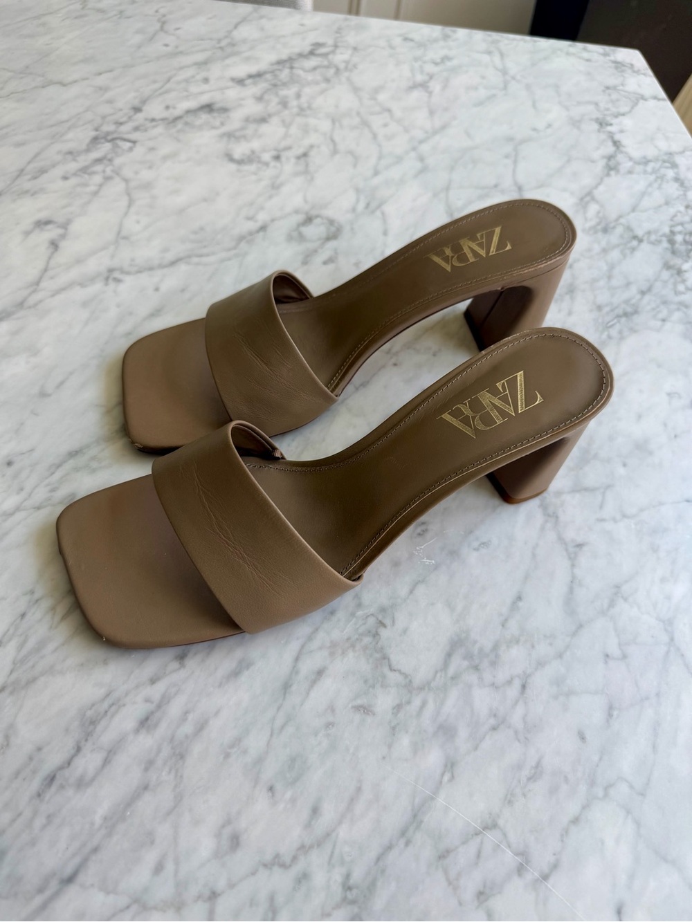 ZARA Taupe Wide-Strap Square-Toe Block Heel Mules